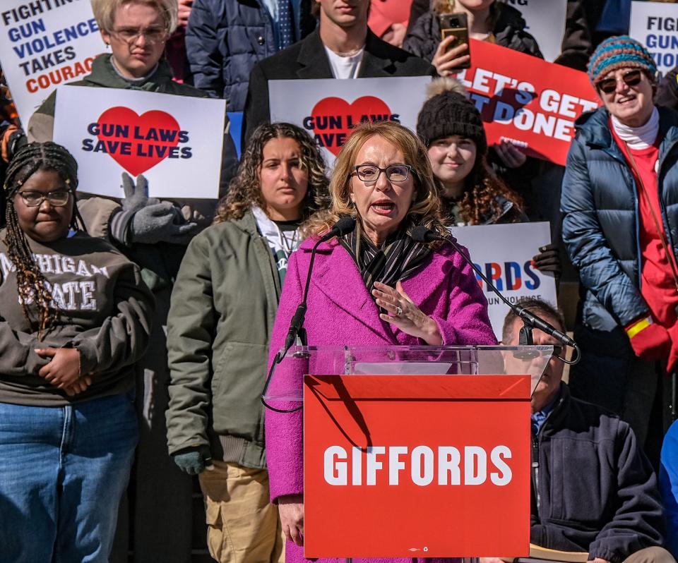Former Congresswoman Gabrielle Giffords speaks at the gun violence prevention rally at the Capitol Wednesday, Mar. 15, 2023. Giffords was shot in the head at a rally in Tuscon, Arizona years ago and remains partially paralyzed and is now a gun violence prevention advocate.