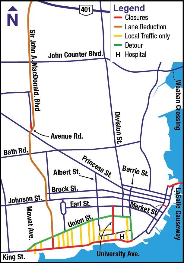 A map showing the various road closures and lane reductions in Kingston, Ont., on April 8, 2024, during the total eclipse. 