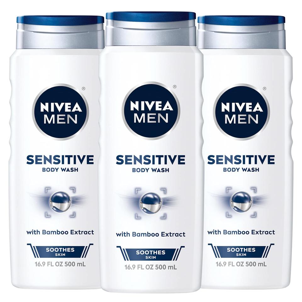 Three bottles of Nivea Sensitive 3-in-1 Body Wash; best body wash for sensitive skin