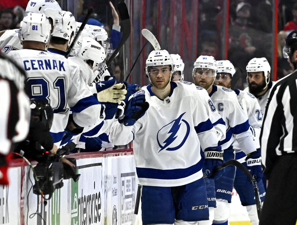 Tampa Bay Lightning center Brayden Point celebrates a goal against the Ottawa Senators during the second period of an NHL hockey game in Ottawa, Ontario, Thursday, March 23, 2023. (Justin Tang/The Canadian Press via AP)