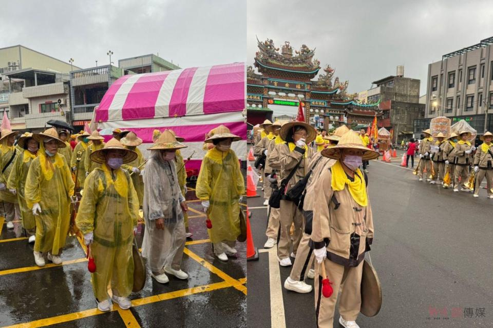 ▲伸港福安宮舉辦福安宮媽祖暨新港十八庄聯合安營活動，活動在點燃起馬炮後展開，上千信眾冒雨遶境。（記者陳雅芳攝）