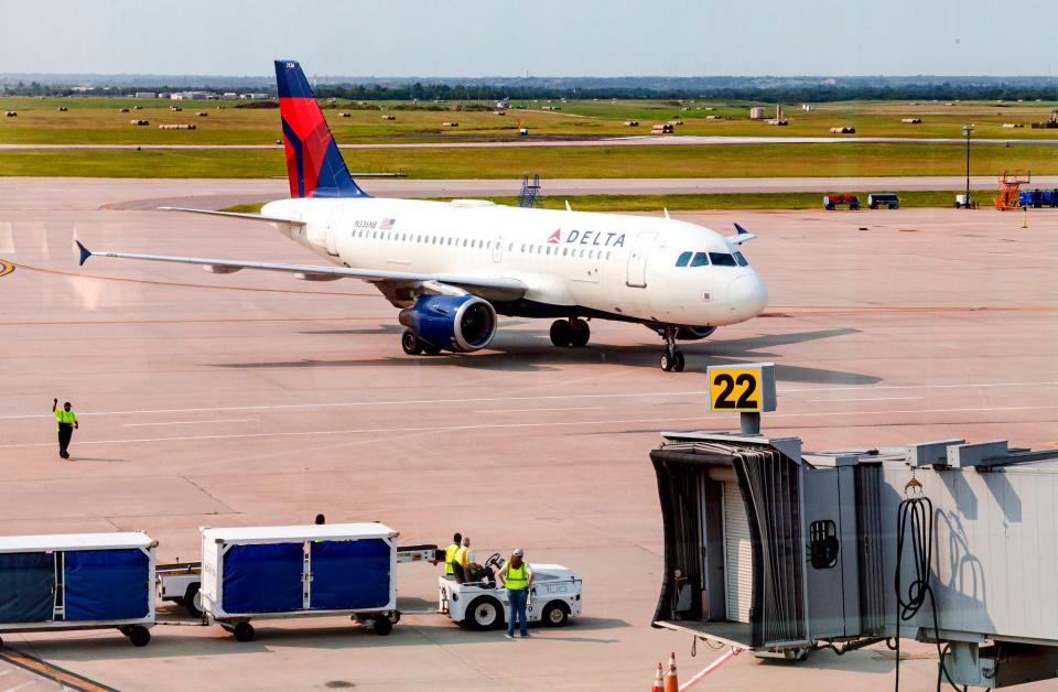 A Delta flight is seen arriving Sept. 10, 2021, from the observation gallery that is one of the featured additions on display during a media day to show off the new terminal at Will Rogers World Airport in Oklahoma City.