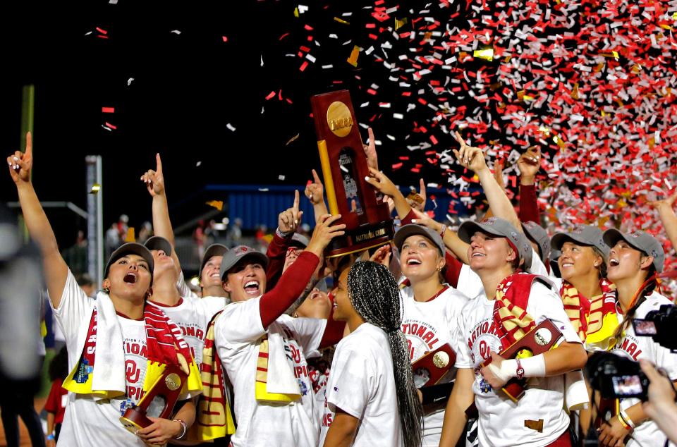 The OU softball team celebrates June 8 after winning the Women's College World Series title over Florida State at USA Softball Hall of Fame Stadium in Oklahoma City.