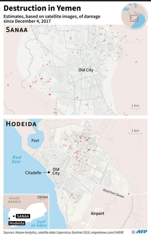 Map showing damaged in Sanaa and Hodeida since December 2017