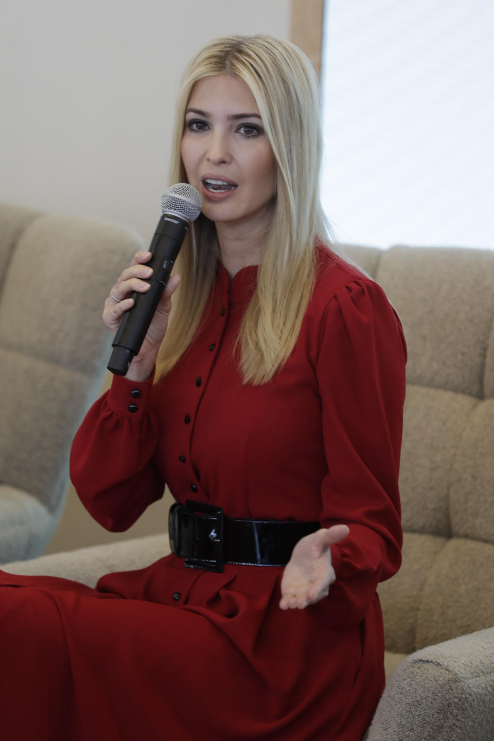 Ivanka Trump speaks during a news conference, Thursday, May 16, 2019, in Indianapolis. During an event with President Donald Trump's daughter and senior adviser on Thursday, Salesforce chairman Marc Benioff announced that the business software company aims to provide skills training to 500,000 people as part of a Trump administration push to boost career opportunities among Americans. Ivanka Trump said a goal of the "Pledge to America's Workers" program is that everyone has equal access to career training and opportunities. (AP Photo/Darron Cummings)