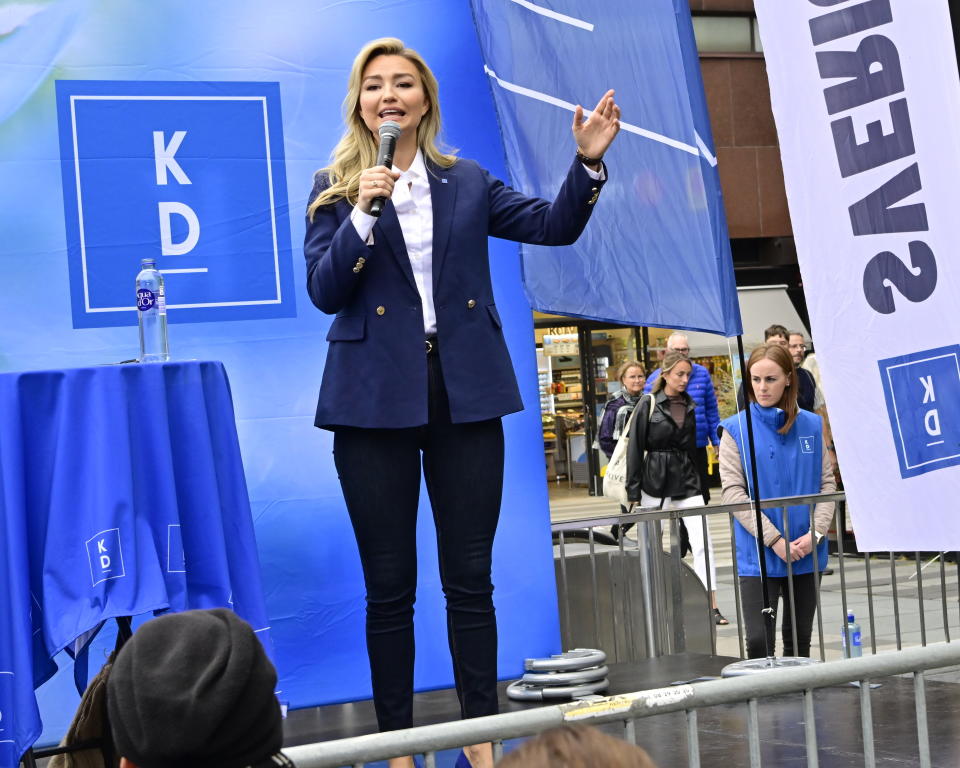 Ebba Busch, party leader of the Christian Democrats, gives a campaign speech in central Stockholm, Sweden, Saturday, Sept. 10, 2022. General elections will be held in Sweden Sunday. (Jonas Ekstromer/TT News Agency via AP)