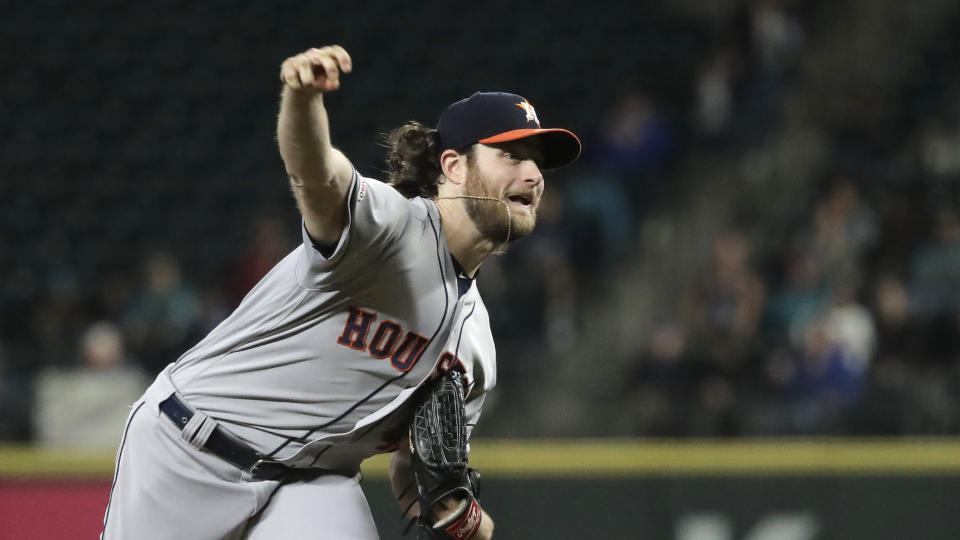 Houston Astros starting pitcher Gerrit Cole throws the ball during a baseball game against the Seattle Mariners, Tuesday, Sept. 24, 2019, in Seattle. (AP Photo/Ted S. Warren)