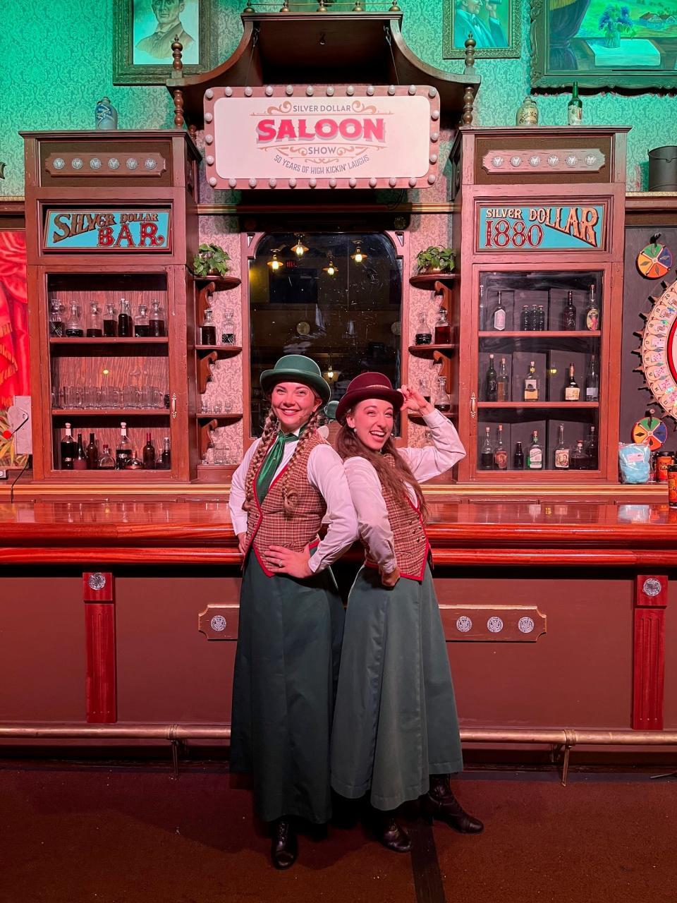 Heather Stolfa, right, and Madison Foreman pose for a photo inside the Saloon at Silver Dollar City in 2023. Stofla has performed in the Saloon since 2019. Foreman performed in the Saloon for 10 years.