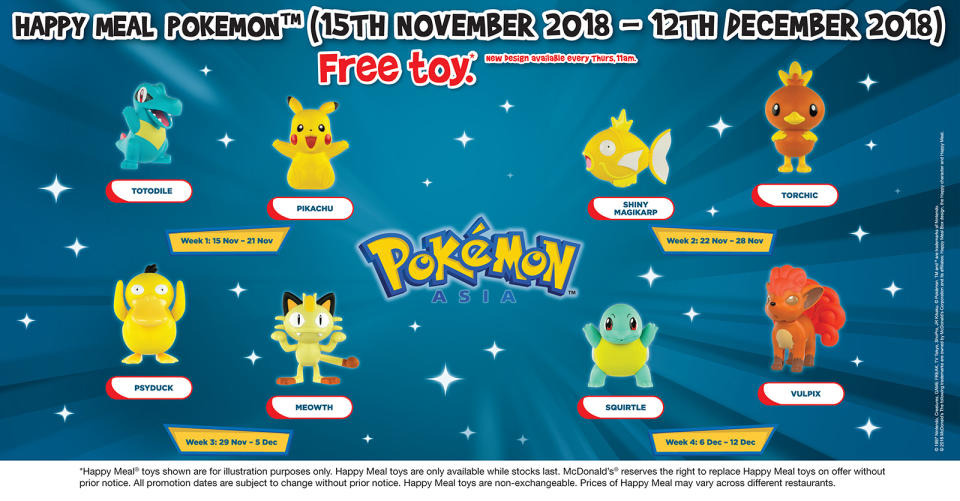 There will be two Pokemon toys featuring each week during McDonald’s Singapore’s promotion. (Graphic: McDonald’s Singapore)