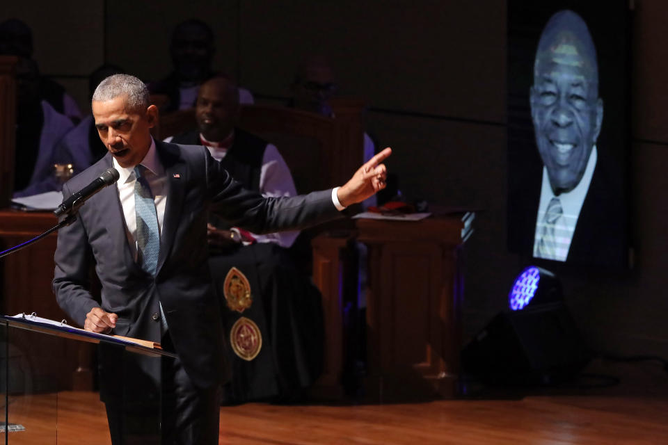 Former President Barack Obama delivers remarks during the funeral service for Rep. Elijah Cummings (D-MD) at New Psalmist Baptist Church on October 25, 2019 in Baltimore, Maryland.&nbsp; (Photo: Chip Somodevilla via Getty Images)