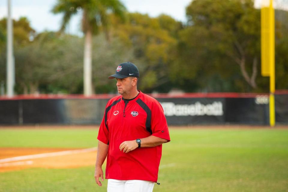 MIAMI SHORES, FL - Barry University Baseball Head Coach Juan Ranero as Barry University Baseball plays against Tusculum University at Feinbloom Field on Friday, February 3, 2023 in Miami Shores, FL. (Photo by Kelly Gavin/Barry University)