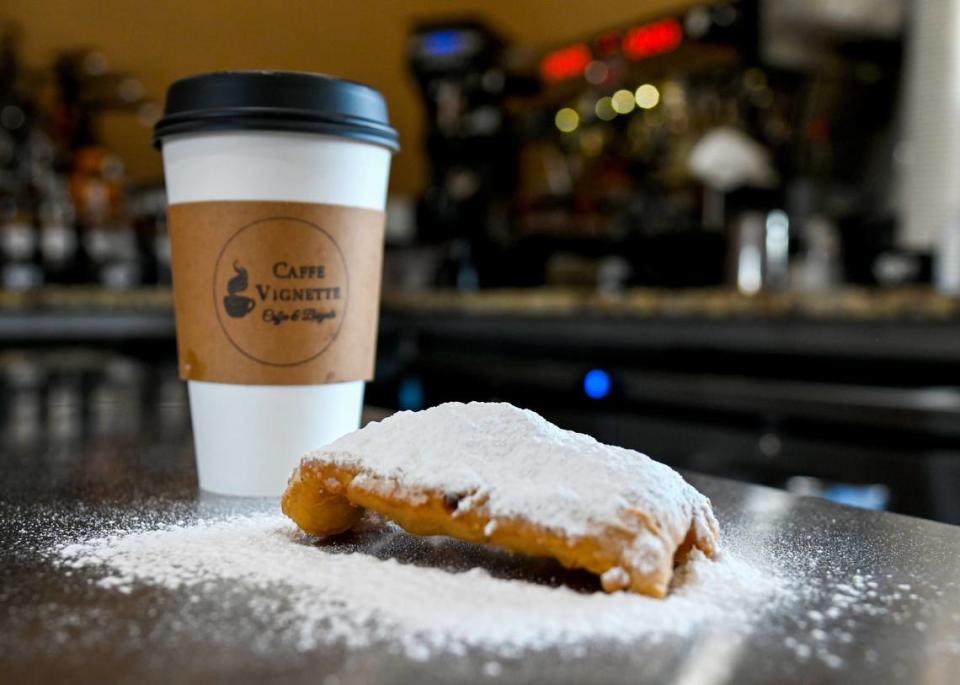 A Salted Caramel Latte with a freshly made, hot beignet at Caffe Vignette in Warner Robins.