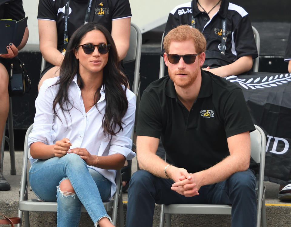 Meghan Markle and Prince Harry attend the Wheelchair Tennis on day 3 of the Invictus Games Toronto 2017 at Nathan Philips Square on Sept. 25, 2017 in Toronto, Canada.&nbsp;