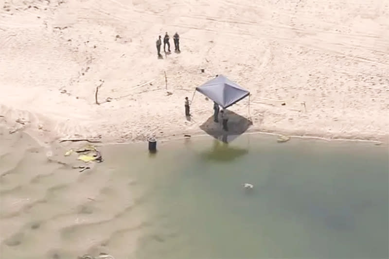 Deputies at the scene of a body discovered in a barrel in Malibu, Calif., Monday July 31, 2023. (NBC Los Angeles)