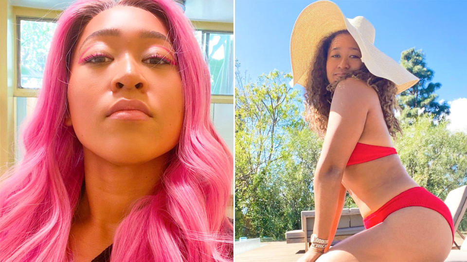 Seen here, Naomi Osaka with pink hair and showing off her red bikini by the pool.