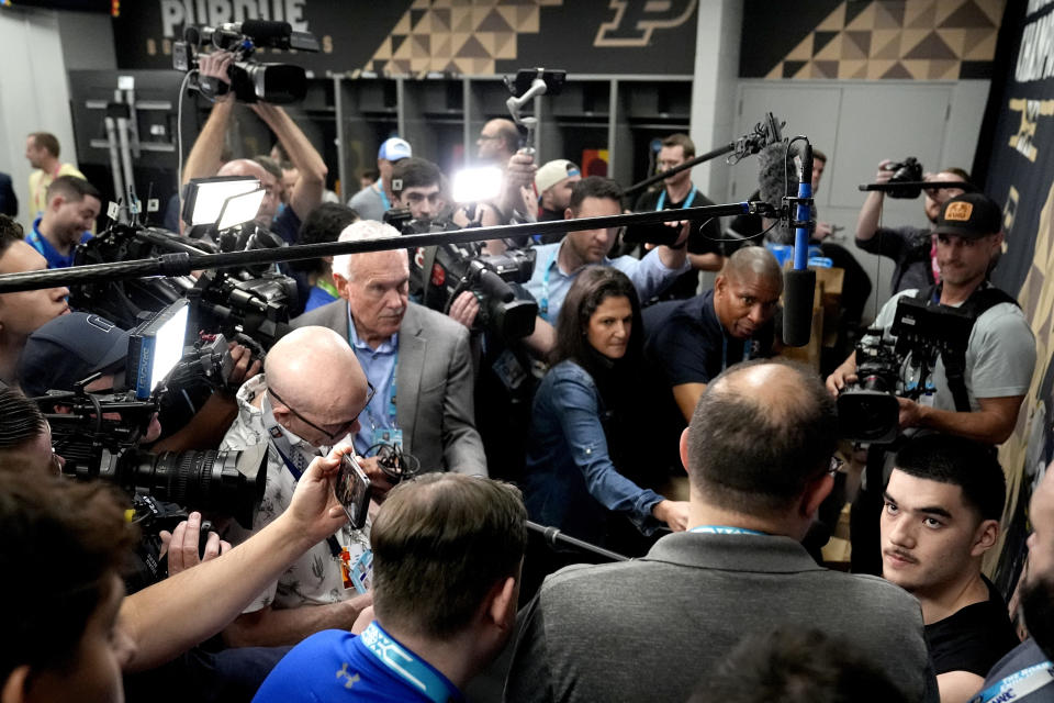 Purdue center Zach Edey speaks with reporters ahead of a Final Four college basketball game in the NCAA Tournament, Thursday, April 4, 2024, in Glendale, Ariz. NC State plays Purdue on Saturday. (AP Photo/Brynn Anderson )