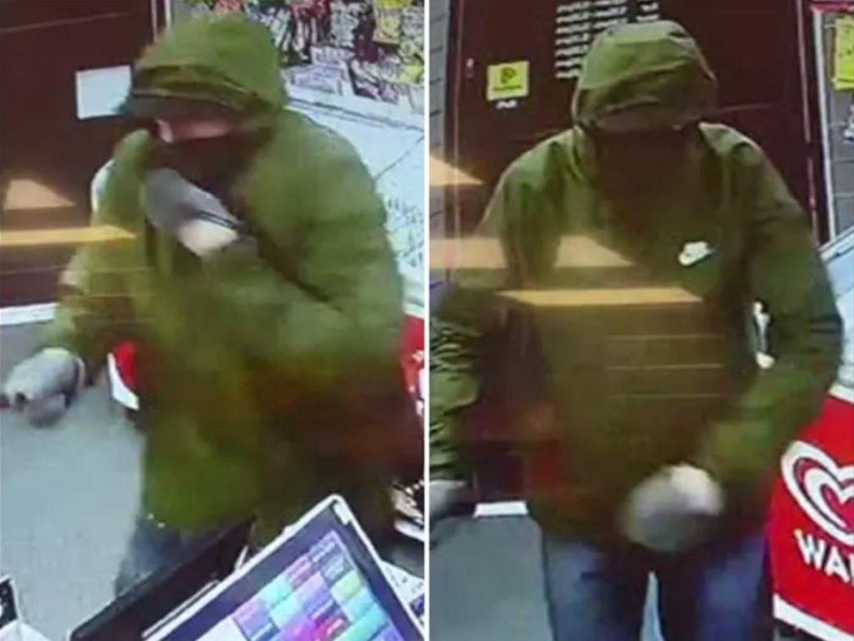 An armed robber was scared off by a little girl and her father throwing a loaf of bread at him at a shop in Worthing, West Sussex, 16 September 2019: Sussex Police