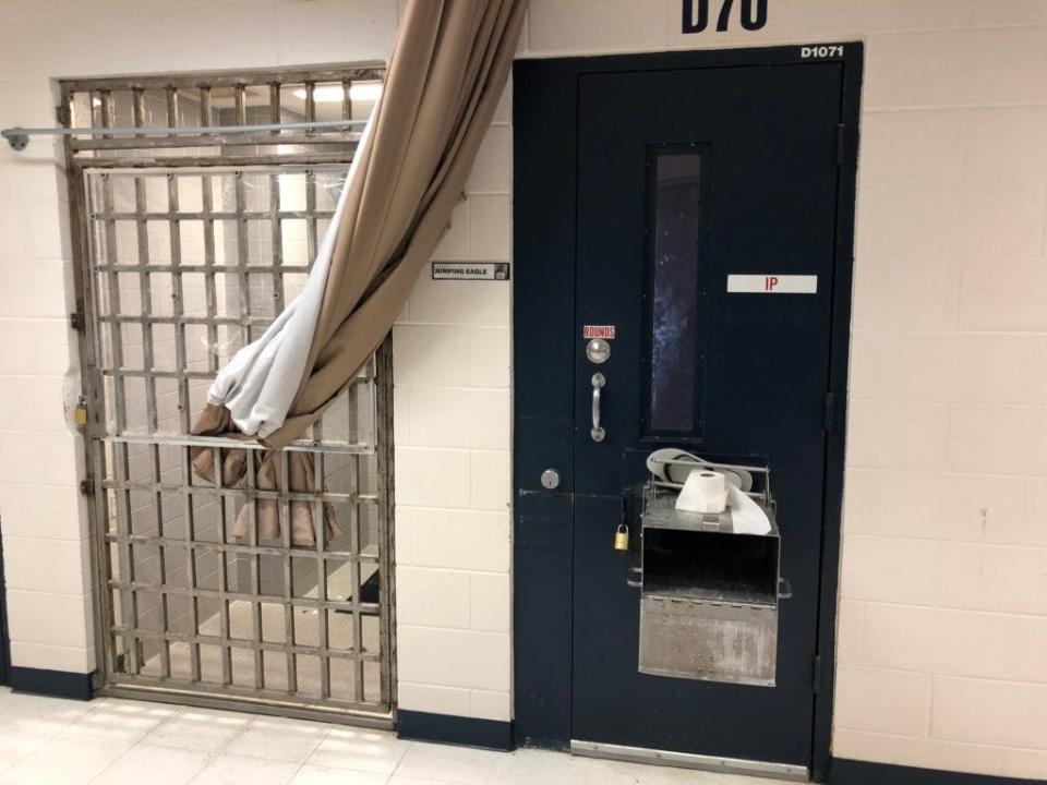 In the high-risk segregation unit at the South Dakota Women's Prison, inmates are kept alone in single cells, shown at right. They use a shower that is encircled by a curtain, allowing basic privacy, but not as much as in lower-security units.