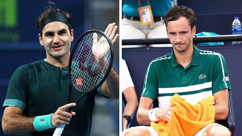 Daniil Medvedev (pictured right) looking frustrated between points and (pictured left) Roger Federer thanking the crowd.