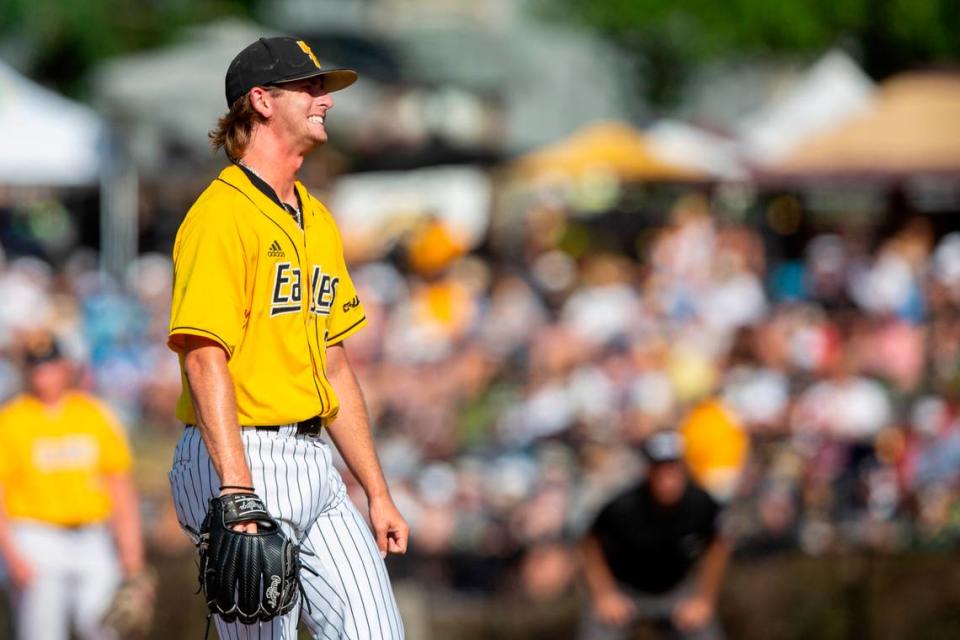 Southern Miss’s Dalton Rodgers reacts to a pitch during the Super Regionals Final at Pete Taylor Park in Hattiesburg on Sunday, June 12, 2022.