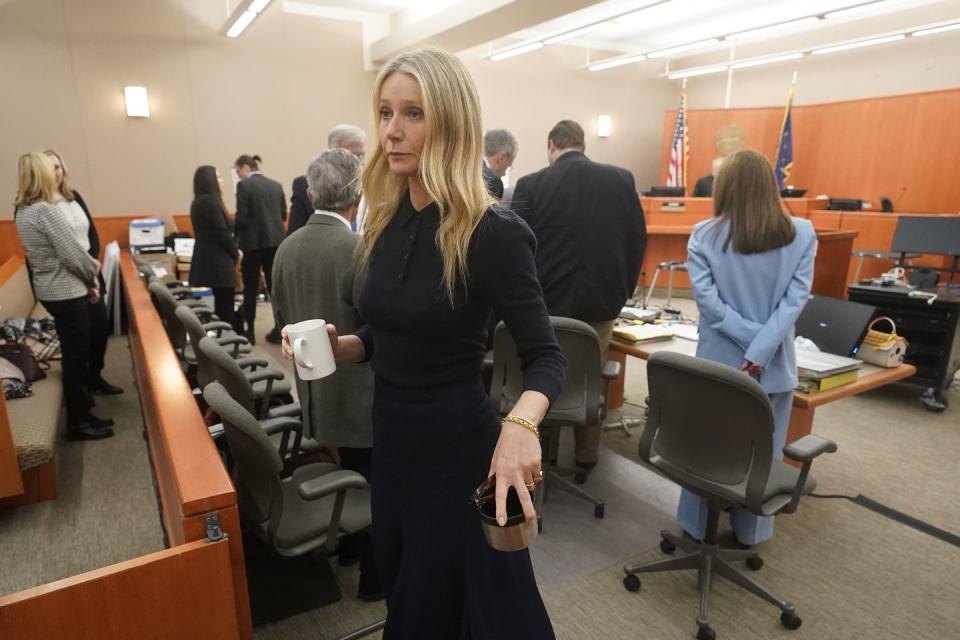 gwyneth paltrow exits the courtroom holding a ceramic mug after testifying about a 2016 ski collision that caused a man to break his ribs and sustain head trauma o