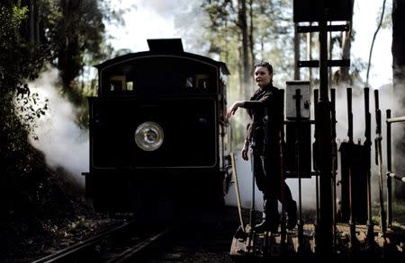 Puffing Billy steam railway guard Emma Pallister leans on the levers used to switch tracks as steam engine 12A passes by at Belgrave station near Melbourne, October 20, 2014. REUTERS/Jason Reed