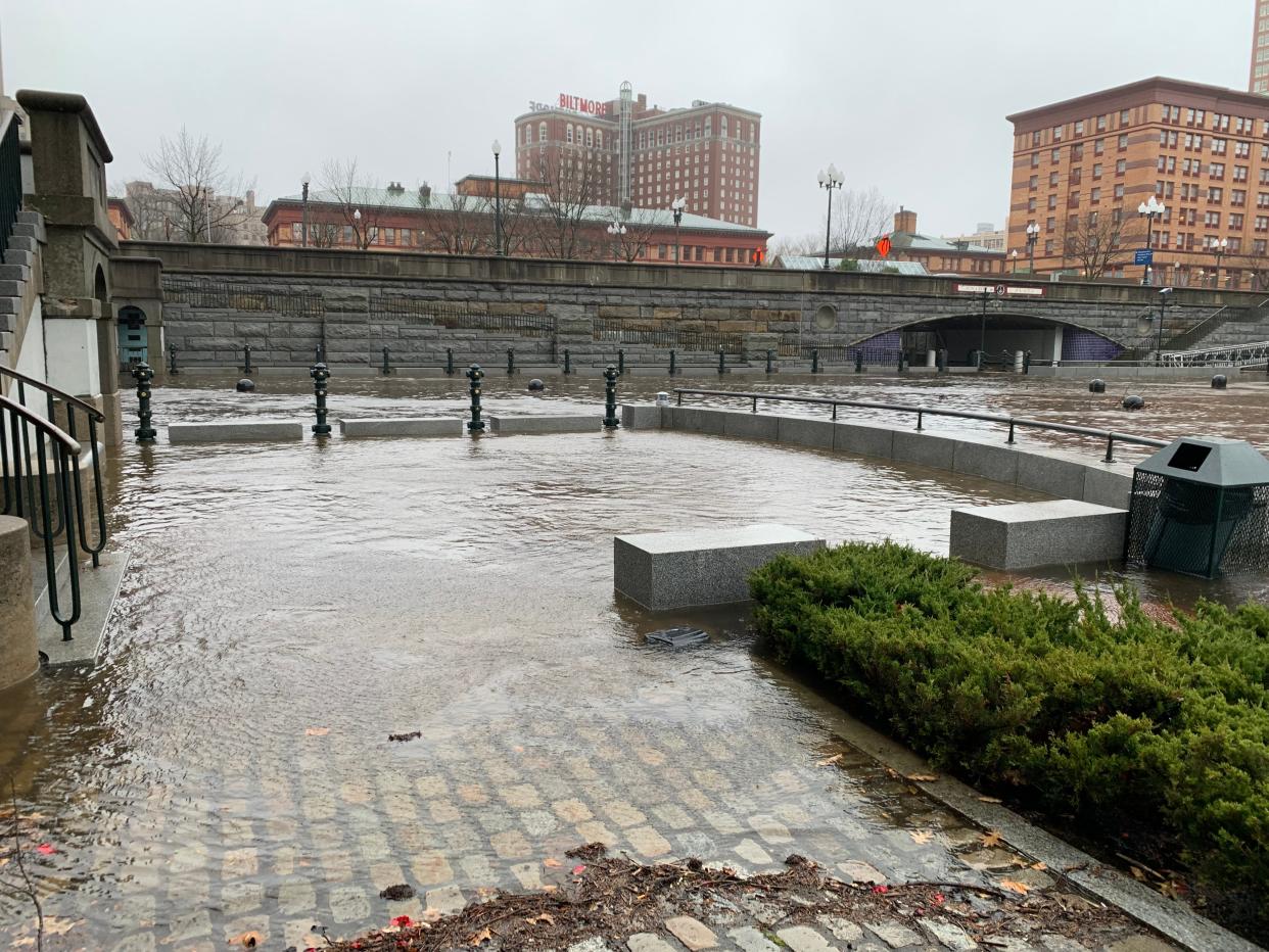High winds, high tide and heavy rainfall caused flooding in Waterplace Park on Dec. 18, 2023.