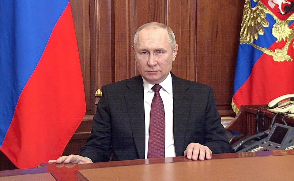 Russian President Vladimir Putin addressees the nation in Moscow, Russia, on Feb. 24, 2022. 