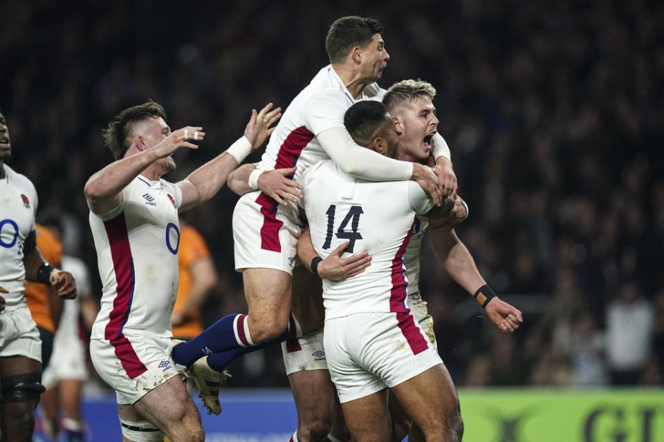 England celebrate after Freddie Steward’s try (PA)