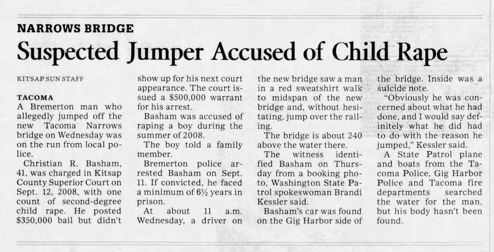 A story from the Kitsap Sun in March 2009 about Christian Robert Basham jumping off the Tacoma Narrows Bridge.