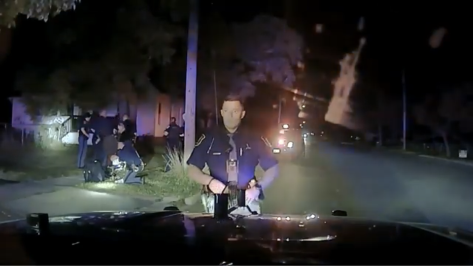 A screen grab from a Michigan State Police cruiser video footage.