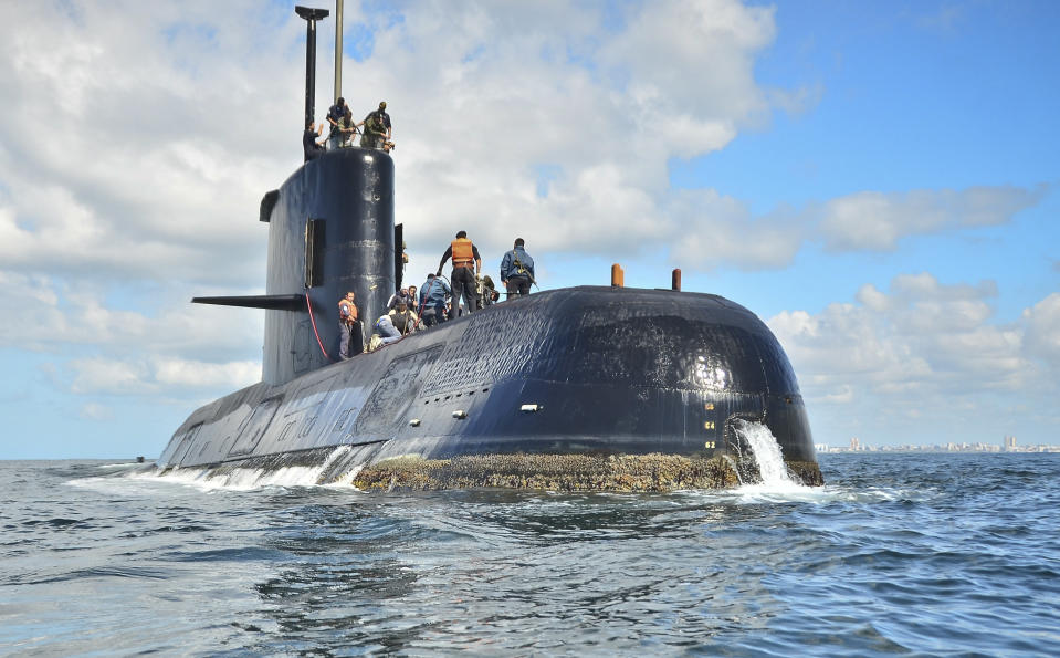 FILE - In this undated file photo provided by the Argentina Navy shows an ARA San Juan, a German-built diesel-electric vessel, near Buenos Aires, Argentina. Argentina's navy announced early Saturday, Nov. 17, 2018, that searchers found the missing submarine ARA San Juan deep in the Atlantic a year after it disappeared with 44 crewmen aboard. (Argentina Navy via AP File)