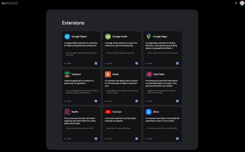 Google Bard extensions screenshot