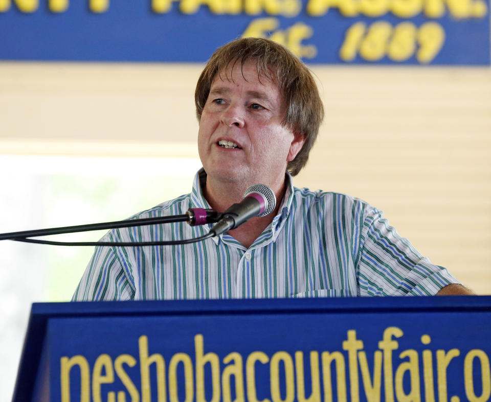 FILE - Mitch Young, a Navy veteran, running in the Republican primary for governor addresses an audience during a campaign event at the Neshoba County Fair in Philadelphia, Miss., on July 30 2015. Young is challenging incumbent state Insurance Commissioner Mike Chaney in the state's Aug. 8, 2023, Republican primary. (AP Photo/Rogelio V. Solis, File)