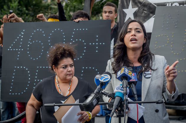 New York City Councilwoman Carlina Rivera, right, speaks at a 2018 rally for hurricane relief for Puerto Rico. Rivera is casting herself as a homegrown advocate for her community. (Photo: Erik McGregor/Getty Images)