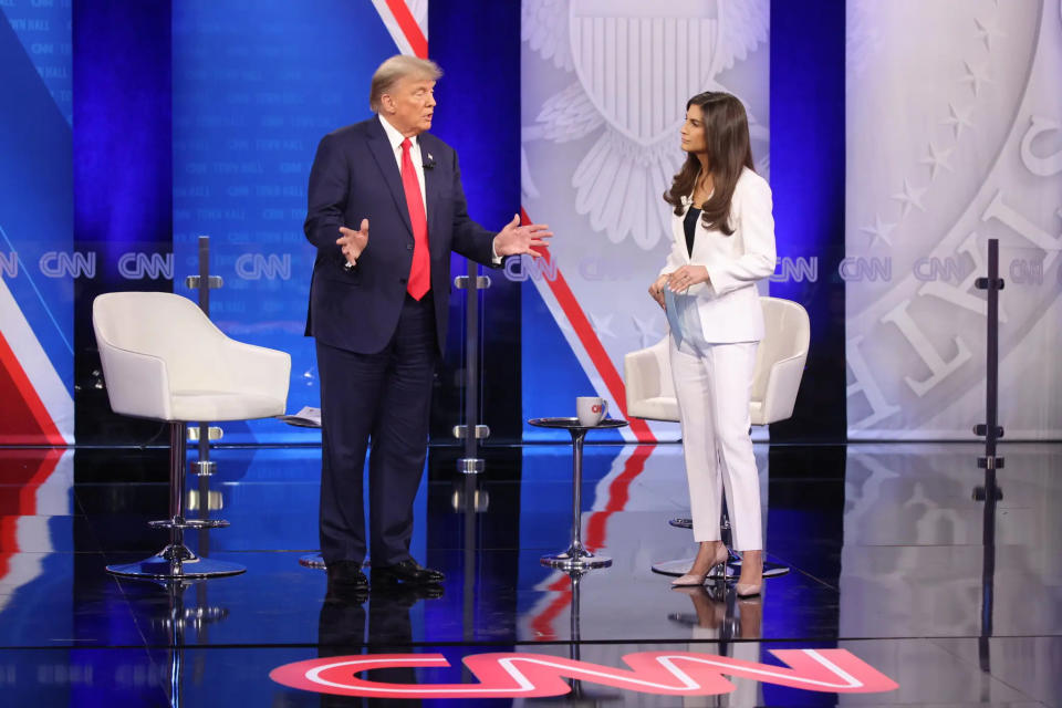 Former President Donald Trump participates in a CNN Republican Town Hall moderated by Kaitlan Collins at St. Anselm College in Manchester, N.H., on May 10. (CNN)