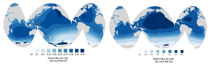 Sea level rise comparisons between high and low emissions scenarios showing some regions have higher rise than others