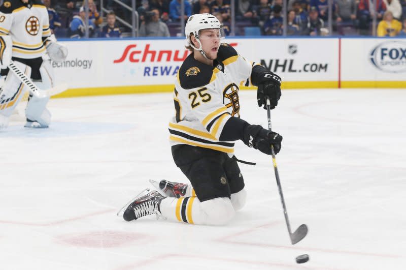 Boston Bruins defenseman Brandon Carlo scored 15:12 into the first period of a loss to the Florida Panthers on Sunday in Boston. File Photo by Bill Greenblatt/UPI