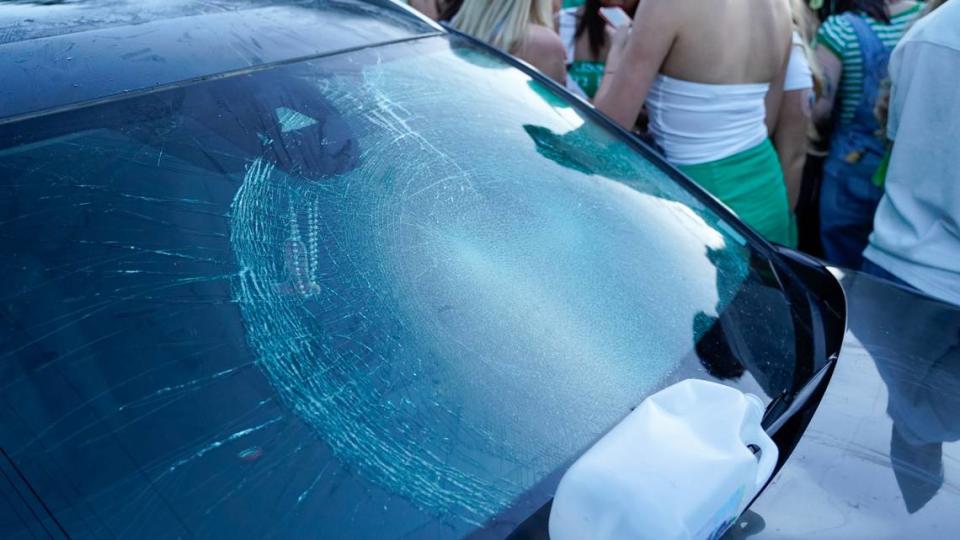 A car window was broken during the St. Fratty’s Day festivities on Hathway Avenue near the university on March 16, 2024. A San Luis Obispo Police Department officer at the scene of the party estimated between 6,000 and 7,000 people in attendance. John Lynch/jlynch@thetribunenews.com