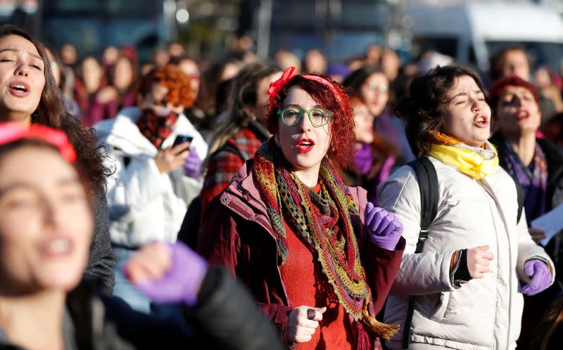 Women perform the Chilean anti-rape song during a demonstration against gender violence in Istanbul,