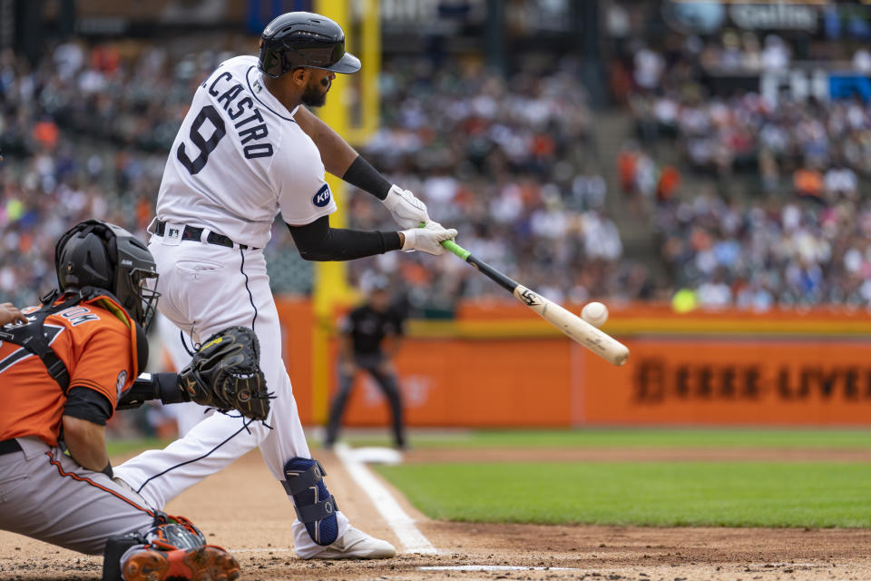 Detroit Tigers' Willi Castro hits a sacrifice fly off Baltimore Orioles starting pitcher Bruce Zimmermann during the second inning of a baseball game in Detroit, Saturday, May 14, 2022. (AP Photo/Raj Mehta)