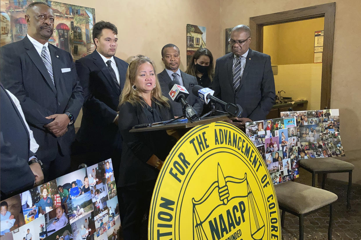 Eva Bruns speaks at a news conference in Spanish Lake, Mo., on Nov. 11, 2021, calling for a more thorough investigation of the death of her son, 28-year-old Justin King. To the right of Bruns is Justin King's father, John Alexander King. (AP)