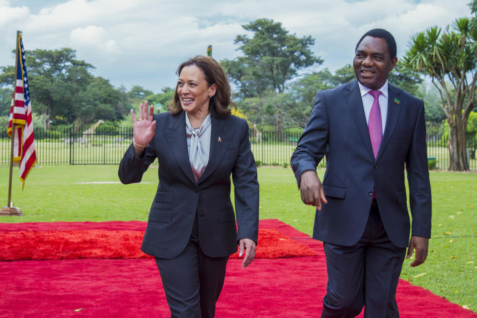 FILE - Vice President Kamala Harris, left, is greeted by Zambian President Hakainde Hichilema in Lusaka, Zambia, Friday, March 31, 2023. (AP Photo/Salim Dawood, File)