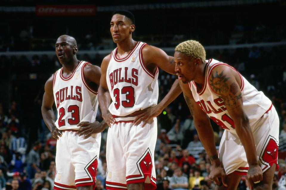 Michael Jordan, Scottie Pippen, and Dennis Rodman during a 1997 game in Chicago.