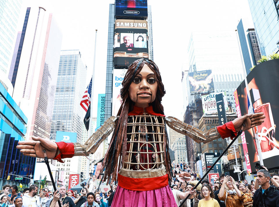 Little Amal walks through Times Square in New York City on Sept. 16, 2022.