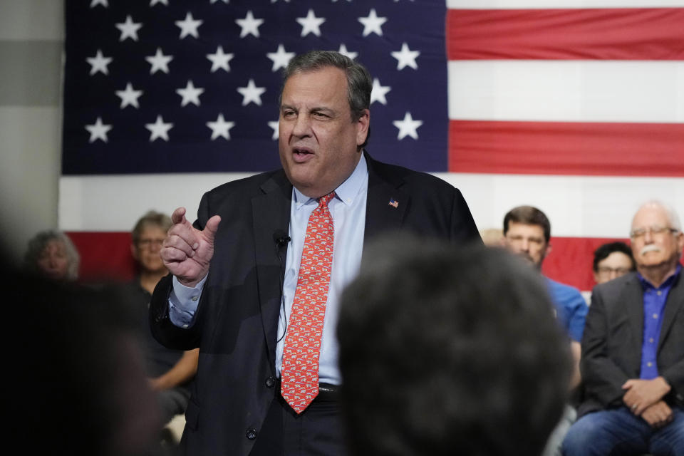 Republican Presidential candidate former, New Jersey Gov. Chris Christie gestures during a gathering, Tuesday, June 6, 2023, in Manchester, N.H. Christie filed paperwork Tuesday formally launching his bid for the Republican nomination for president after casting himself as the only candidate willing to directly take on former President Donald Trump. (AP Photo/Charles Krupa)