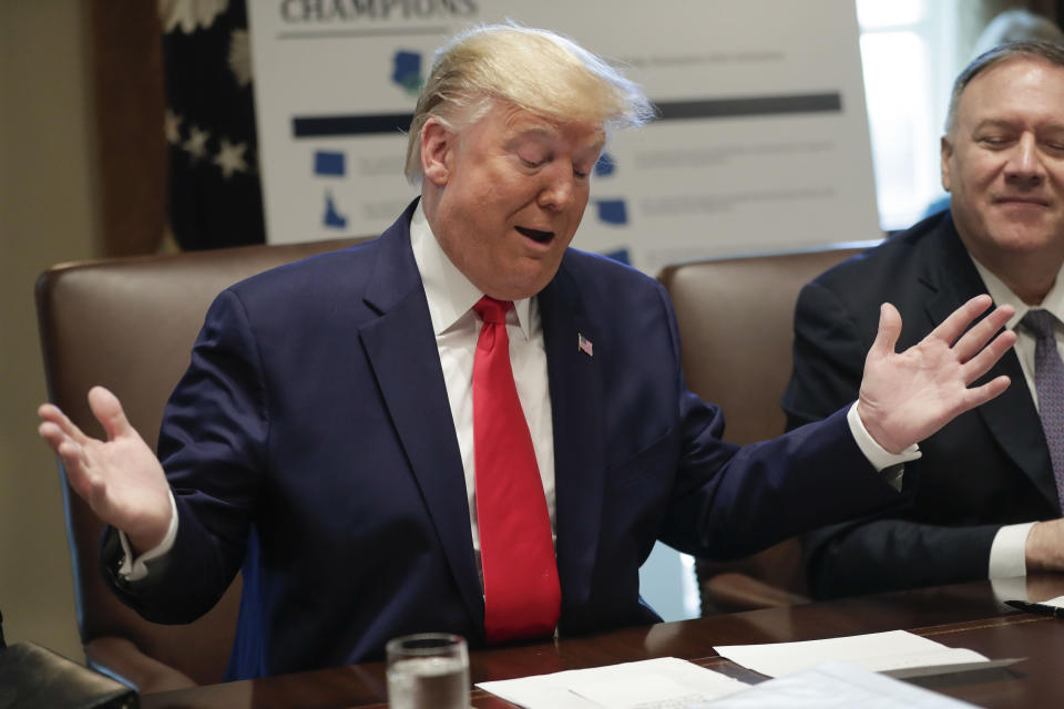 President Donald Trump at a Cabinet meeting Monday at the White House.&nbsp; on the right is Secretary of State Mike Pompeo. (Photo: Pablo Martinez Monsivais/ASSOCIATED PRESS)