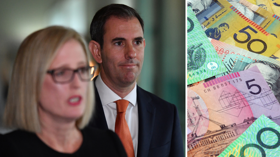 Composite image of budget ministers Katy Gallagher and Jim Chalmers, and Australian note money.