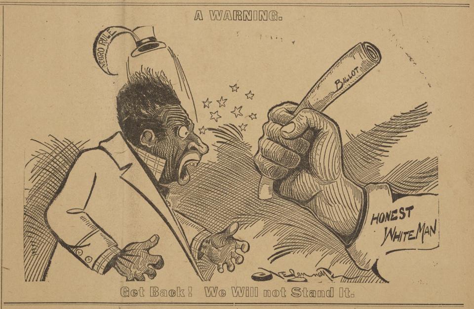 A white fist holding a bat, about to strike a Black man in an 1898 political cartoon.