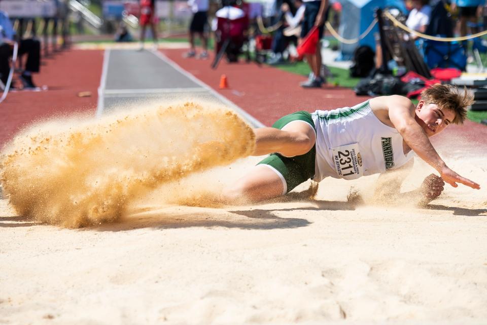 Pennridge's Jared Hess competes to a bronze medal in the 3A triple jump at the PIAA Track and Field Championships at Shippensburg University Friday, May 26, 2023. Hess placed third with a mark of 45-8.75.